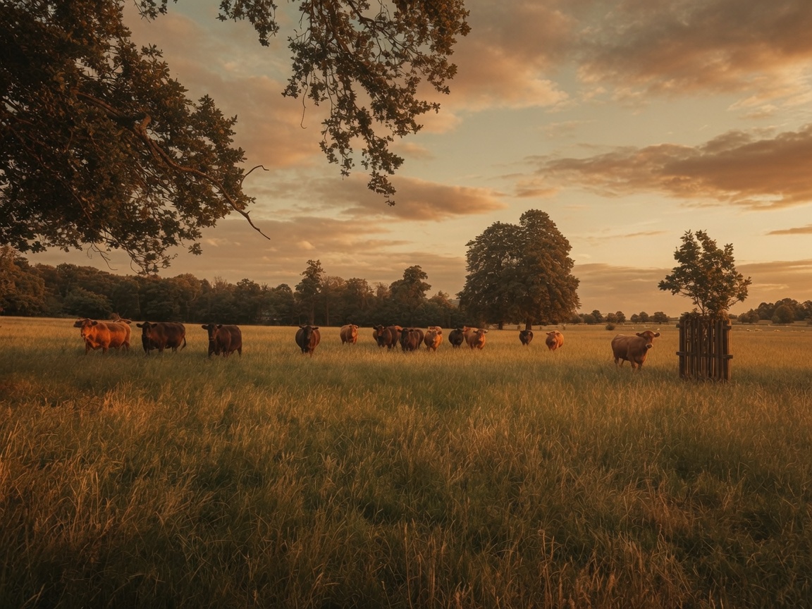 The St Low herd — South Devon and Aberdeen Angus cattle grazing parkland pasture near Bath at golden hour