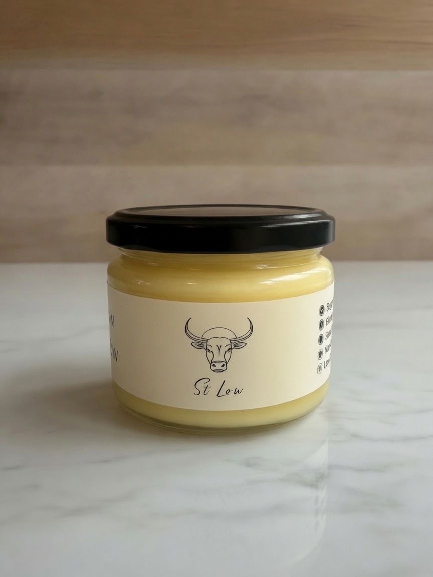 A jar of St Low grass-fed raw beef tallow on a marble worktop